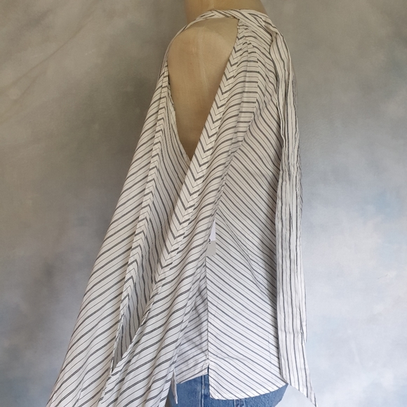 BP. Black & White Pinstripe Split Long Sleeve One Shoulder Dress Blouse Sz XXS - Picture 3 of 16
